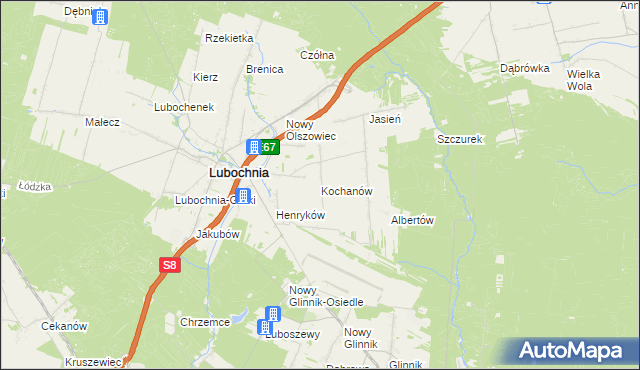 mapa Kochanów gmina Lubochnia, Kochanów gmina Lubochnia na mapie Targeo