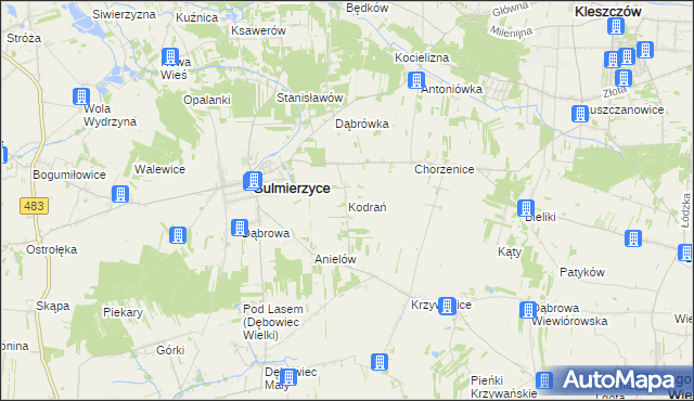 mapa Kodrań gmina Sulmierzyce, Kodrań gmina Sulmierzyce na mapie Targeo