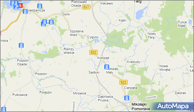 mapa Kołoząb gmina Mikołajki Pomorskie, Kołoząb gmina Mikołajki Pomorskie na mapie Targeo