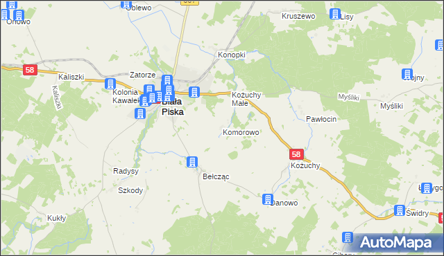 mapa Komorowo gmina Biała Piska, Komorowo gmina Biała Piska na mapie Targeo