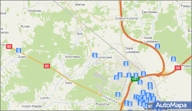 mapa Komorowo gmina Ostrów Mazowiecka, Komorowo gmina Ostrów Mazowiecka na mapie Targeo