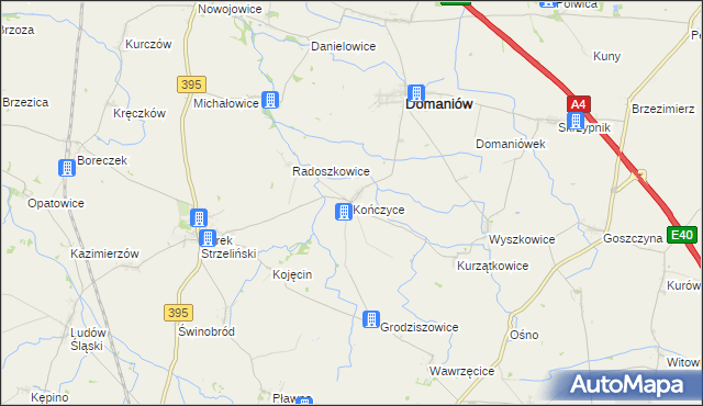 mapa Kończyce gmina Domaniów, Kończyce gmina Domaniów na mapie Targeo