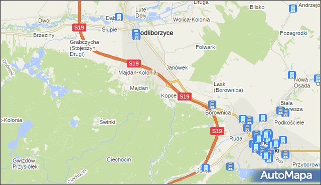 mapa Kopce gmina Janów Lubelski, Kopce gmina Janów Lubelski na mapie Targeo