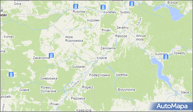 mapa Kopcie gmina Dzikowiec, Kopcie gmina Dzikowiec na mapie Targeo