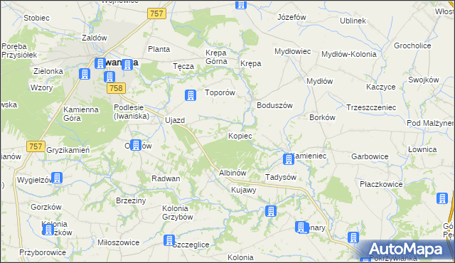 mapa Kopiec gmina Iwaniska, Kopiec gmina Iwaniska na mapie Targeo