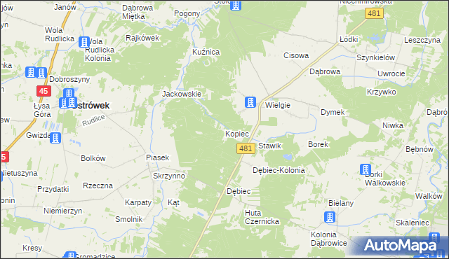 mapa Kopiec gmina Ostrówek, Kopiec gmina Ostrówek na mapie Targeo