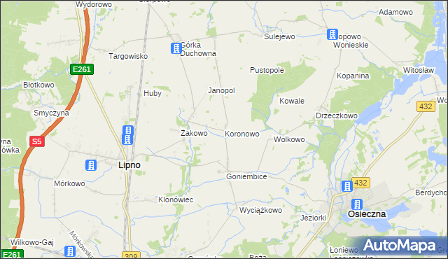 mapa Koronowo gmina Lipno, Koronowo gmina Lipno na mapie Targeo