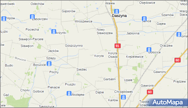 mapa Koryta gmina Daszyna, Koryta gmina Daszyna na mapie Targeo