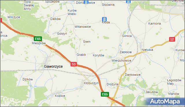 mapa Korytów gmina Gaworzyce, Korytów gmina Gaworzyce na mapie Targeo