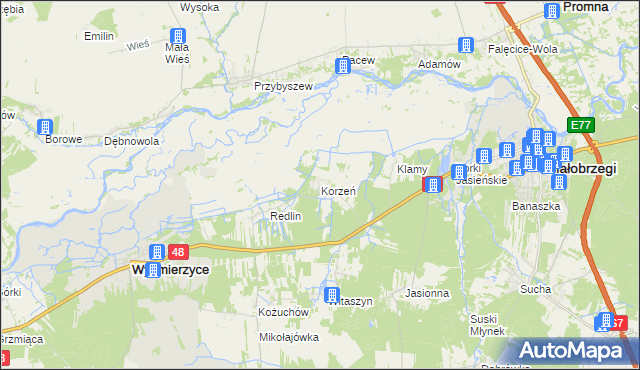 mapa Korzeń gmina Wyśmierzyce, Korzeń gmina Wyśmierzyce na mapie Targeo