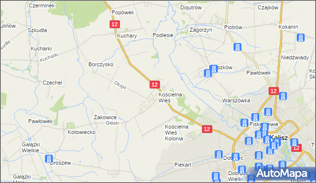 mapa Kościelna Wieś gmina Gołuchów, Kościelna Wieś gmina Gołuchów na mapie Targeo