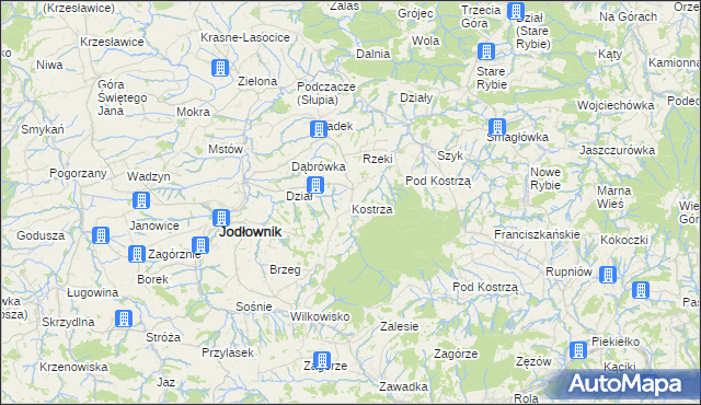 mapa Kostrza gmina Jodłownik, Kostrza gmina Jodłownik na mapie Targeo