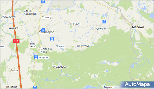 mapa Kostrzewa gmina Manowo, Kostrzewa gmina Manowo na mapie Targeo