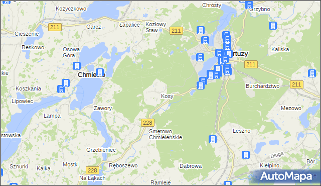 mapa Kosy gmina Kartuzy, Kosy gmina Kartuzy na mapie Targeo