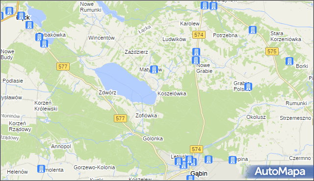 mapa Koszelówka gmina Łąck, Koszelówka gmina Łąck na mapie Targeo