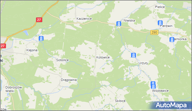 mapa Kotowice gmina Nowogród Bobrzański, Kotowice gmina Nowogród Bobrzański na mapie Targeo