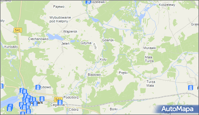 mapa Koty gmina Lidzbark, Koty gmina Lidzbark na mapie Targeo