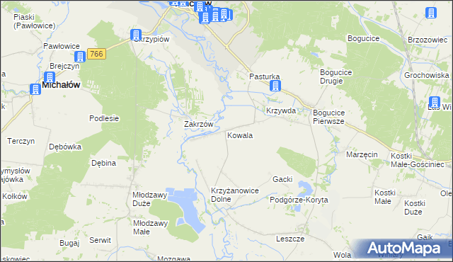 mapa Kowala gmina Pińczów, Kowala gmina Pińczów na mapie Targeo
