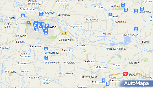 mapa Kowala gmina Proszowice, Kowala gmina Proszowice na mapie Targeo