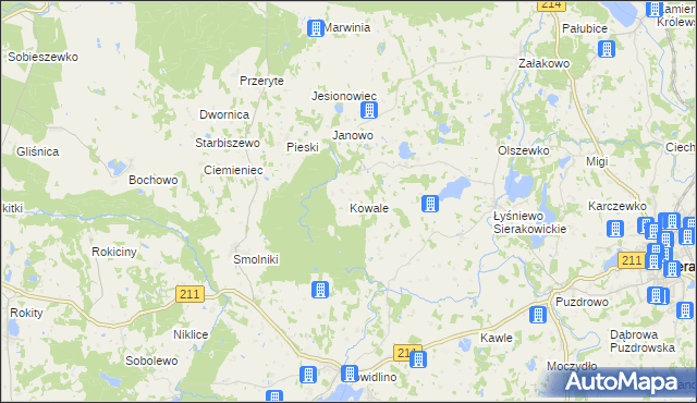 mapa Kowale gmina Sierakowice, Kowale gmina Sierakowice na mapie Targeo