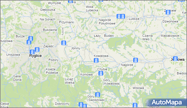 mapa Kowalowa gmina Ryglice, Kowalowa gmina Ryglice na mapie Targeo