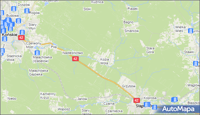 mapa Kozia Wola gmina Stąporków, Kozia Wola gmina Stąporków na mapie Targeo