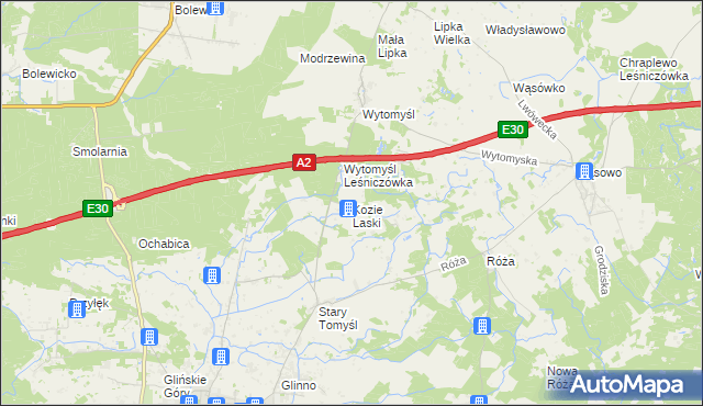 mapa Kozie Laski gmina Nowy Tomyśl, Kozie Laski gmina Nowy Tomyśl na mapie Targeo