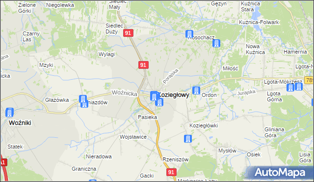 mapa Koziegłowy powiat myszkowski, Koziegłowy powiat myszkowski na mapie Targeo