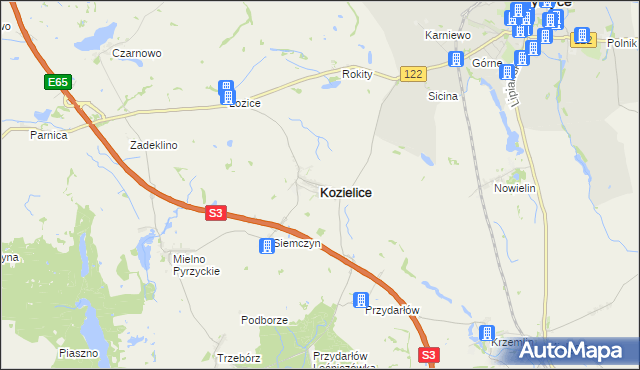 mapa Kozielice powiat pyrzycki, Kozielice powiat pyrzycki na mapie Targeo