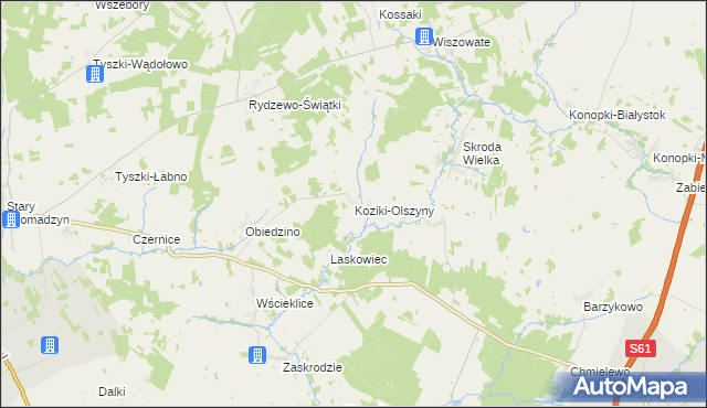 mapa Koziki-Olszyny, Koziki-Olszyny na mapie Targeo