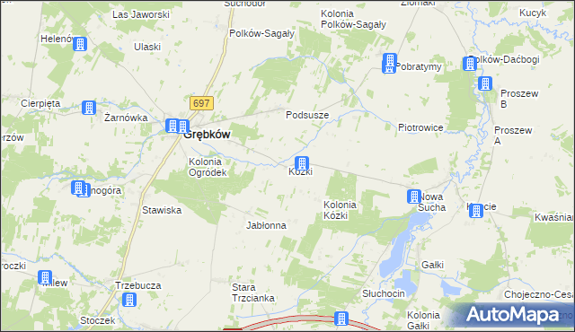 mapa Kózki gmina Grębków, Kózki gmina Grębków na mapie Targeo