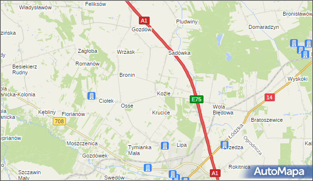 mapa Koźle gmina Stryków, Koźle gmina Stryków na mapie Targeo