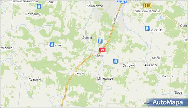 mapa Koźliki gmina Zabłudów, Koźliki gmina Zabłudów na mapie Targeo