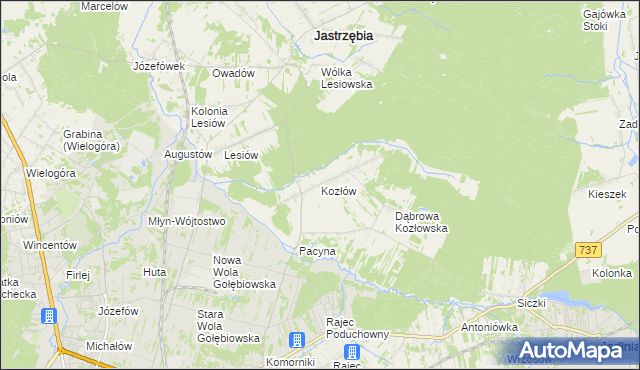 mapa Kozłów gmina Jastrzębia, Kozłów gmina Jastrzębia na mapie Targeo