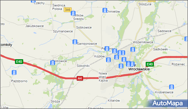 mapa Kozłów gmina Kąty Wrocławskie, Kozłów gmina Kąty Wrocławskie na mapie Targeo