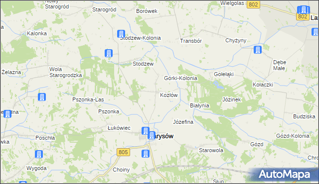 mapa Kozłów gmina Parysów, Kozłów gmina Parysów na mapie Targeo