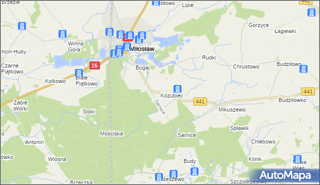 mapa Kozubiec gmina Miłosław, Kozubiec gmina Miłosław na mapie Targeo