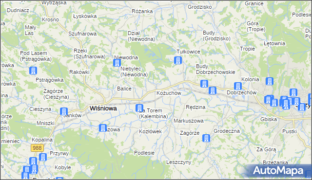 mapa Kożuchów gmina Wiśniowa, Kożuchów gmina Wiśniowa na mapie Targeo