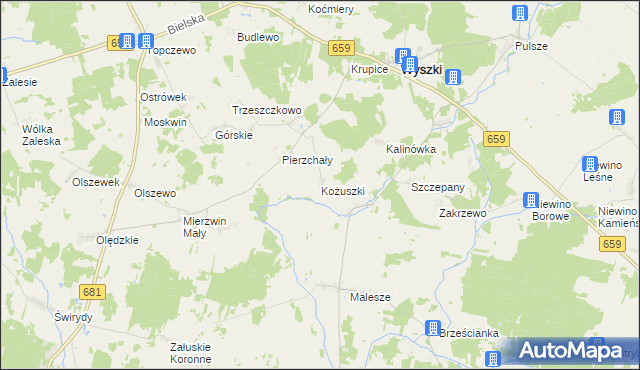 mapa Kożuszki gmina Wyszki, Kożuszki gmina Wyszki na mapie Targeo