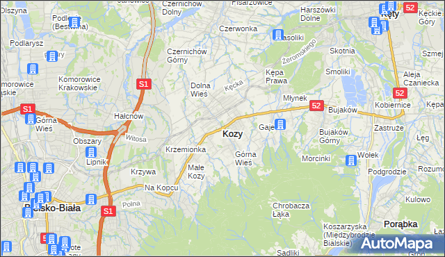 mapa Kozy powiat bielski, Kozy powiat bielski na mapie Targeo