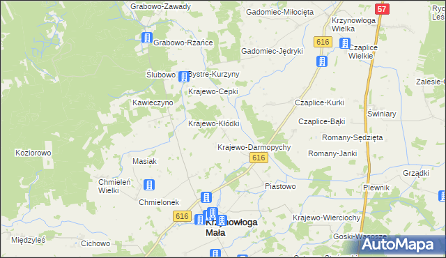 mapa Krajewo Wielkie gmina Krzynowłoga Mała, Krajewo Wielkie gmina Krzynowłoga Mała na mapie Targeo