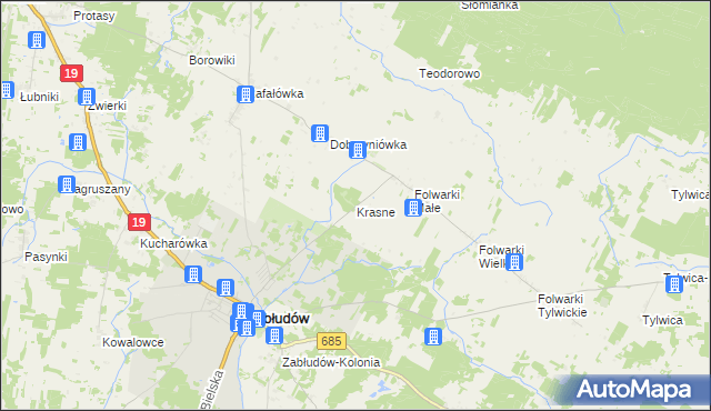 mapa Krasne gmina Zabłudów, Krasne gmina Zabłudów na mapie Targeo