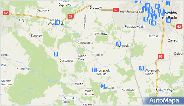 mapa Krasów gmina Sokołów Podlaski, Krasów gmina Sokołów Podlaski na mapie Targeo