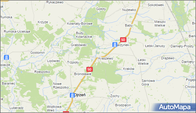 mapa Kraszewo gmina Ojrzeń, Kraszewo gmina Ojrzeń na mapie Targeo