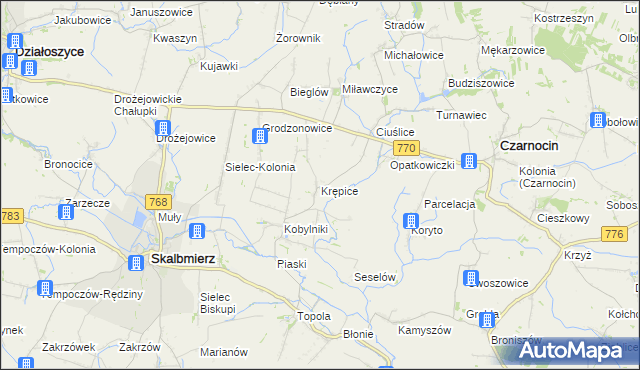 mapa Krępice gmina Skalbmierz, Krępice gmina Skalbmierz na mapie Targeo