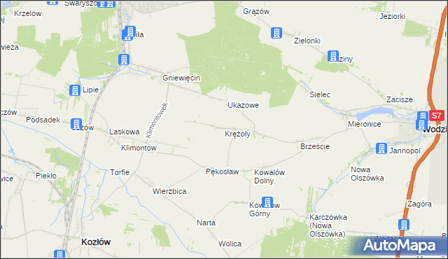 mapa Krężoły gmina Wodzisław, Krężoły gmina Wodzisław na mapie Targeo