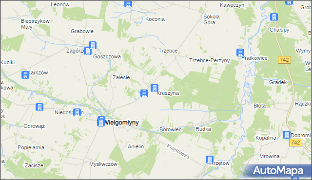 mapa Kruszyna gmina Wielgomłyny, Kruszyna gmina Wielgomłyny na mapie Targeo