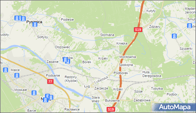 mapa Krzaki gmina Pysznica, Krzaki gmina Pysznica na mapie Targeo