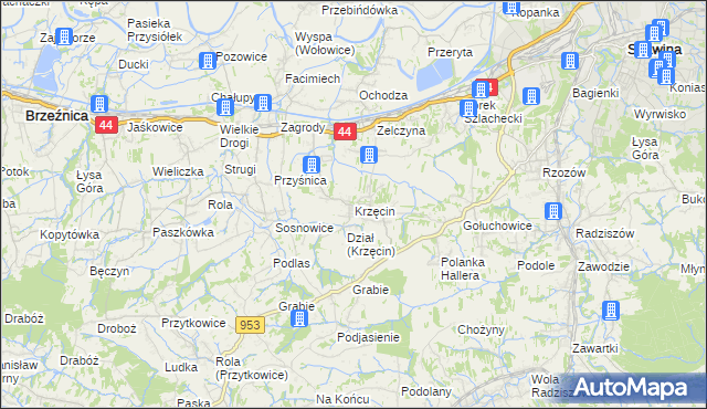 mapa Krzęcin gmina Skawina, Krzęcin gmina Skawina na mapie Targeo