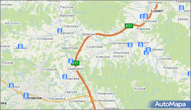 mapa Krzeczów gmina Lubień, Krzeczów gmina Lubień na mapie Targeo